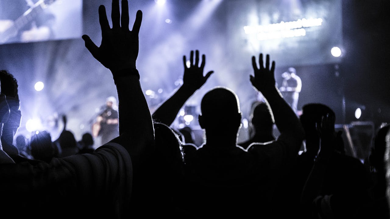 services-01 Silhouettes of an energetic audience cheering during a live concert in Houston.